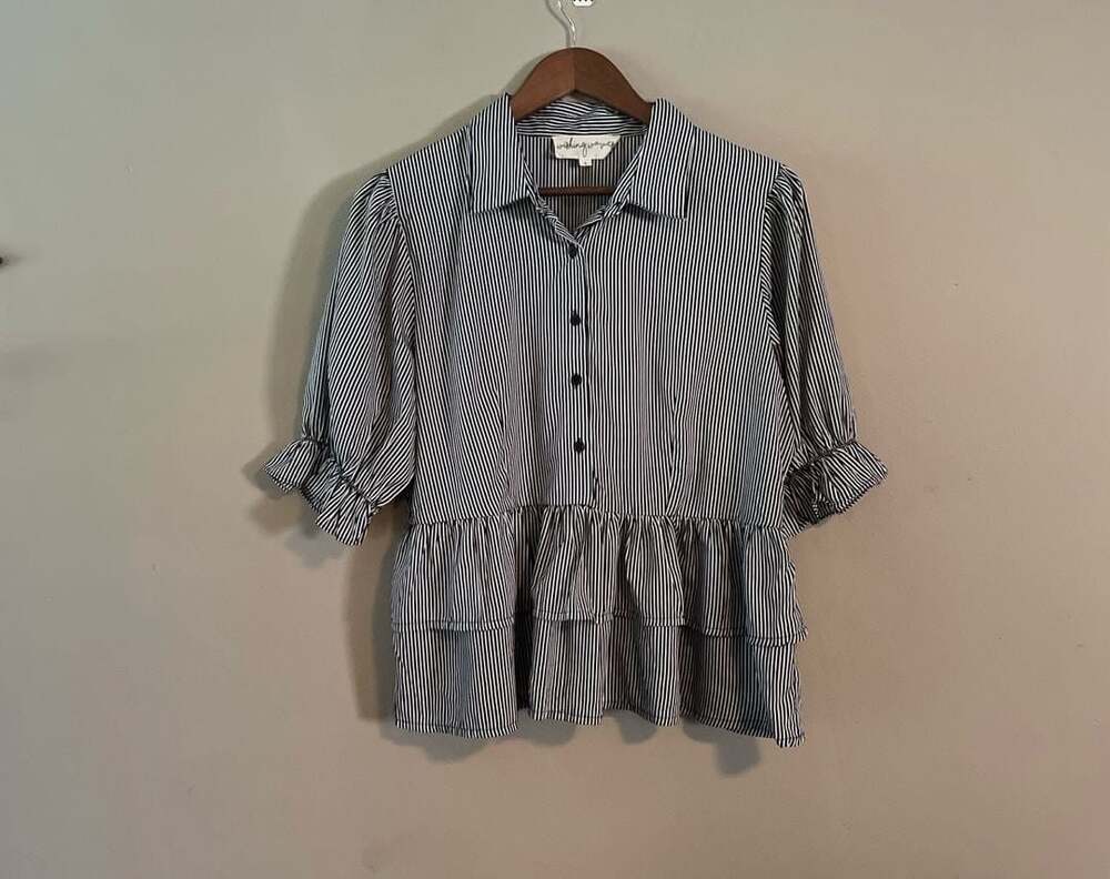 Wishing Waves Striped Peplum Ruffle Sleeve Button Down Blouse